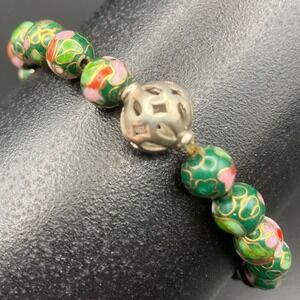 Vintage Green Cloisonné Beaded Bracelet With‎ Floral Design & Silver-Tone Accent